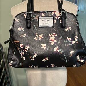 Nicole Miller Black and Pink Floral Shoulder Bag Purse